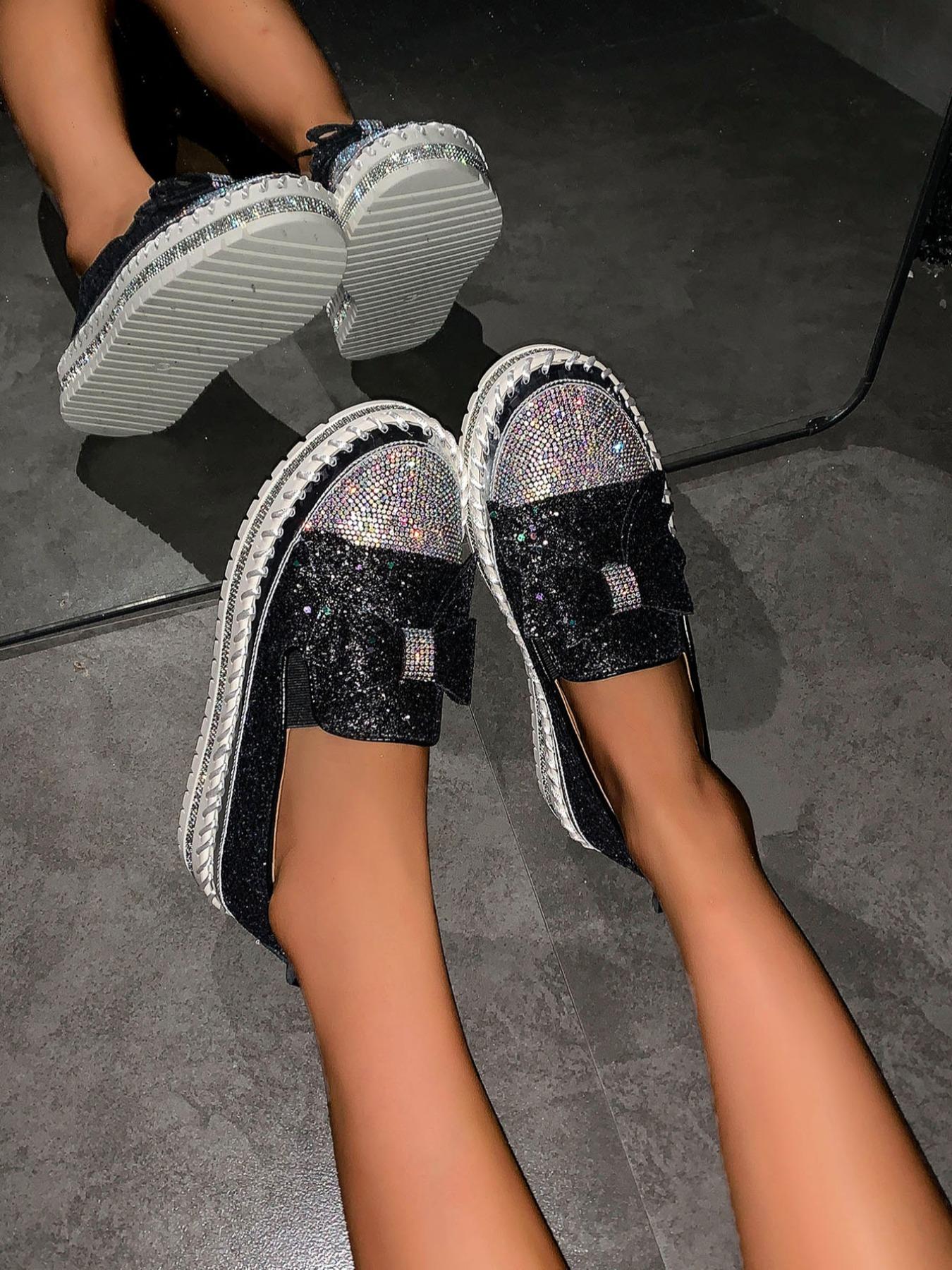 Women's Fashionable Contrast Sequin Bowknot Design Slip on Style Loafers, Elegant Comfort Flat Shoes for Daily Wear, Lightweight Breathable Shoes for Women & Girls
