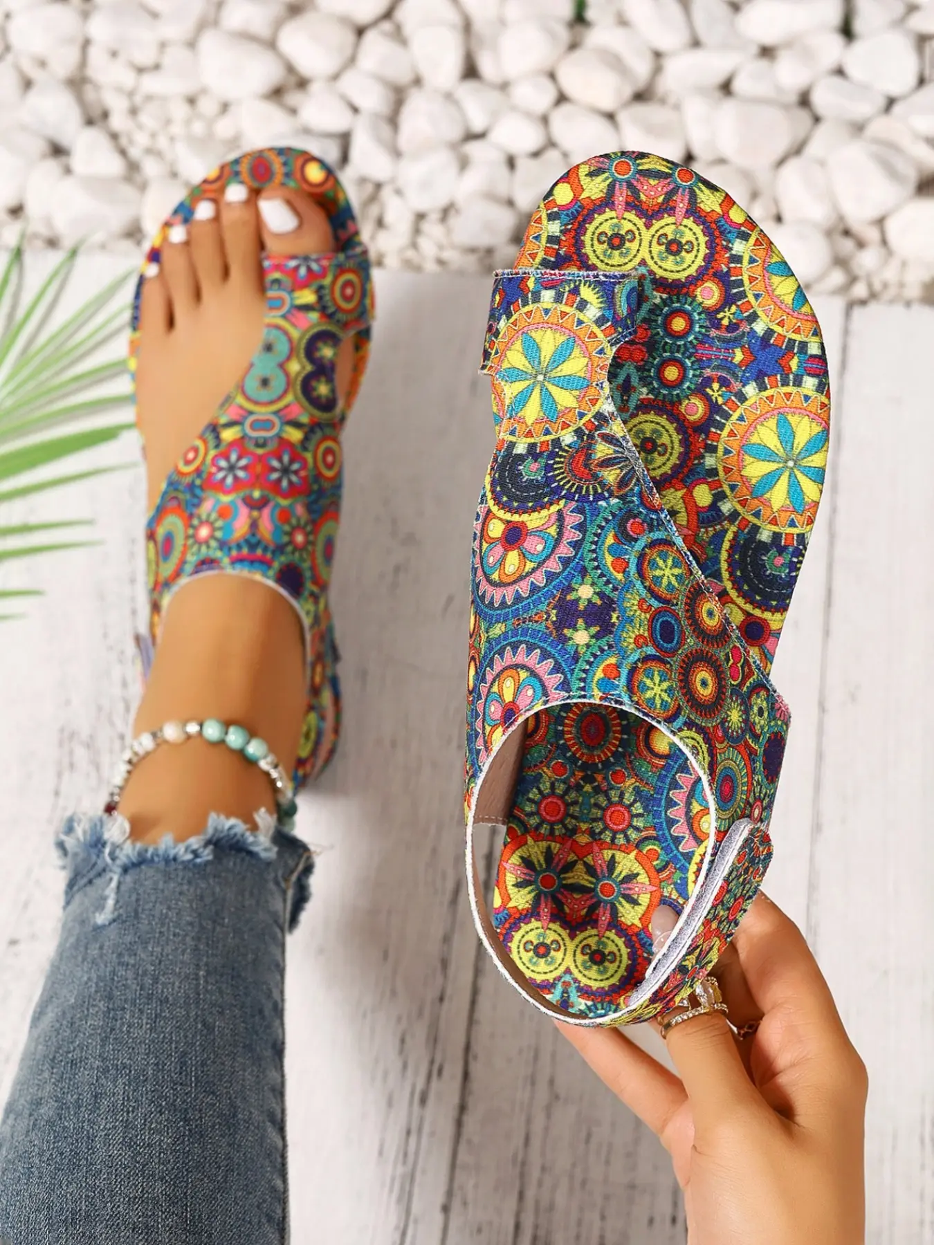 Women's Ethnic Style Mandala Print Sandals, Adjustable Back Strap, Breathable Fabric, Large Size, Beach Vacation, Valentine's Gift