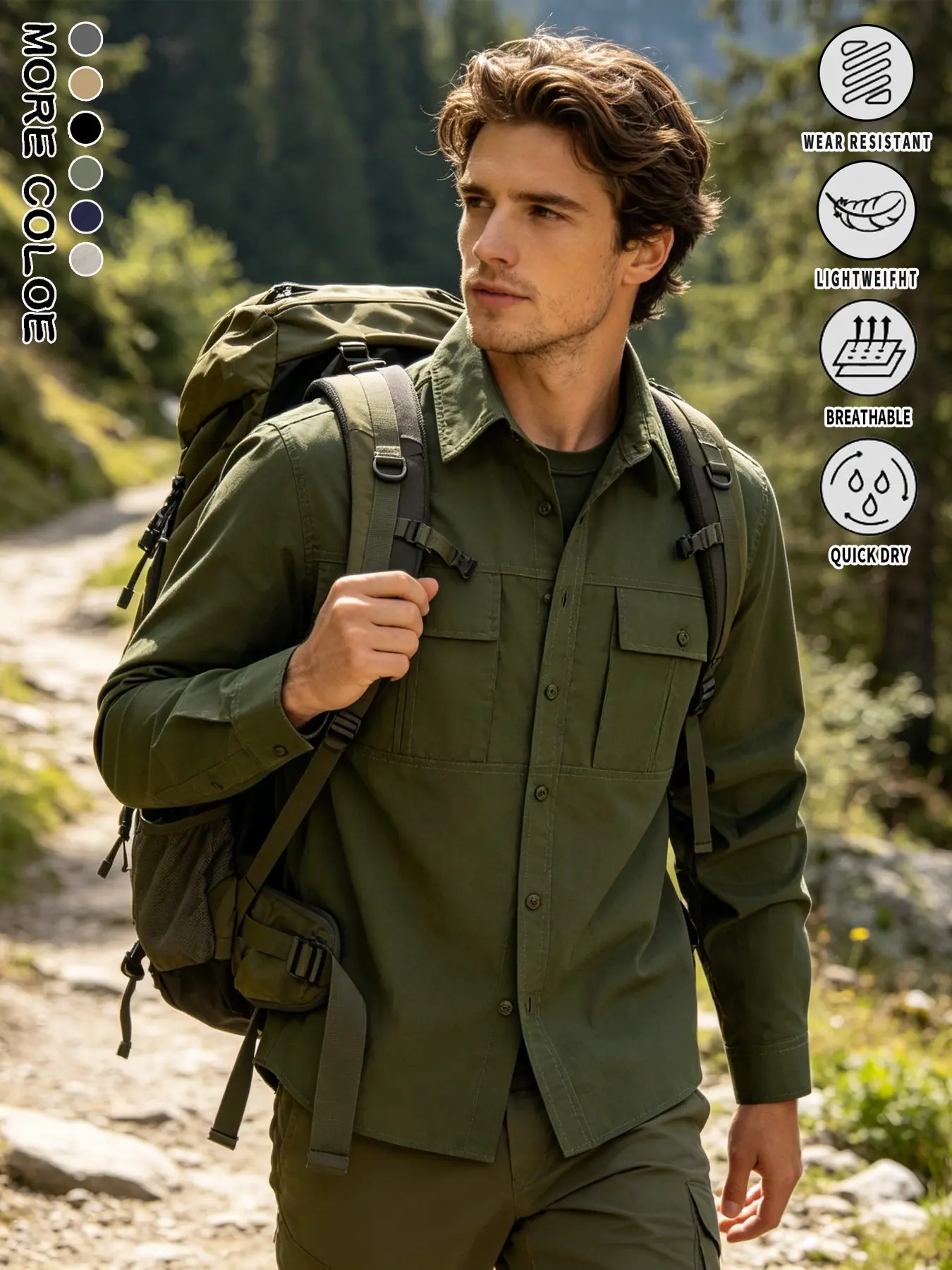 Men's Long Sleeve Cargo Utility Shacket, Lapel Collar Button Down Lightweight Work Shirt Jacket with Dual Button Flap Chest Pockets, Quick Dry Breathable Soft Durable Wear Resistant Top for Outdoor Hiking Camping Fishing Travel Daily Casual Workwear