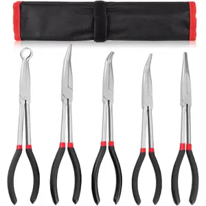 5Pcs 11 Inch Extra Long Bent Needle Nose Pliers Set, Straight 25°/45°/90° Bent for Narrow Spaces Hard to Reach Areas & Precision Work