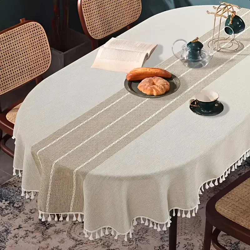 1pc Elegant Brown Striped Tassel Tablecloth 60 X 84 Inches Polyester Table Cover for Kitchen & Dining Room Decor, Ideal for Independence Day, Halloween, Christmas Party Stylish Table Settings