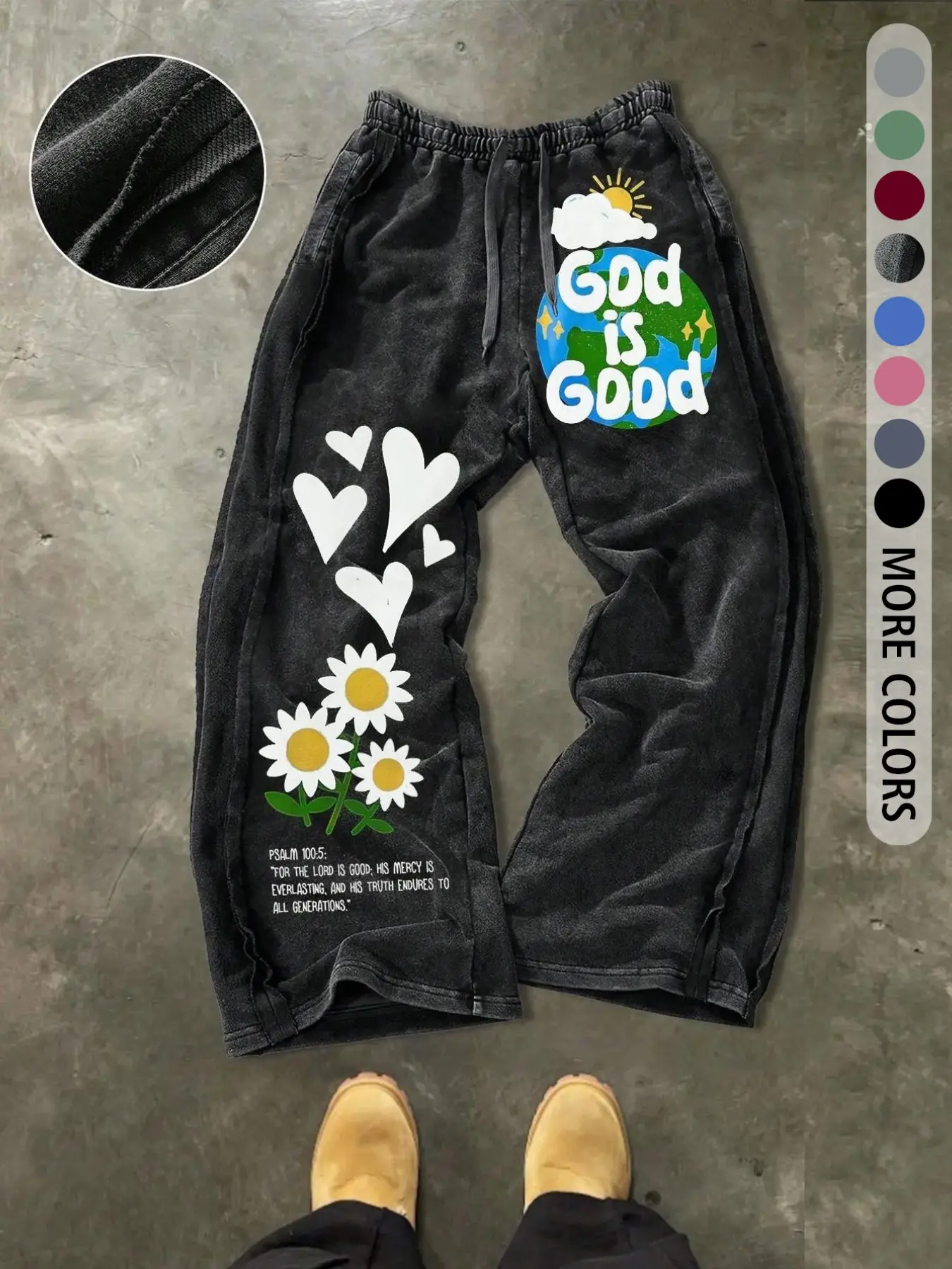 Men's Washed Vintage Wide-Leg Oversize Sweatpants, Earth Daisy Heart Print, God Is Good, American Retro Loose Fit Long Pants