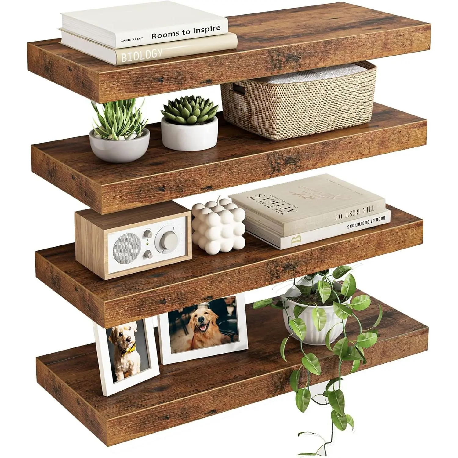 Wood Floating Shelves, Wall Shelves Set of 4, Shelves for Wall Decor, with Invisible Brackets for, Living Room,Bedroom and(15.7in, Rustic Brown)