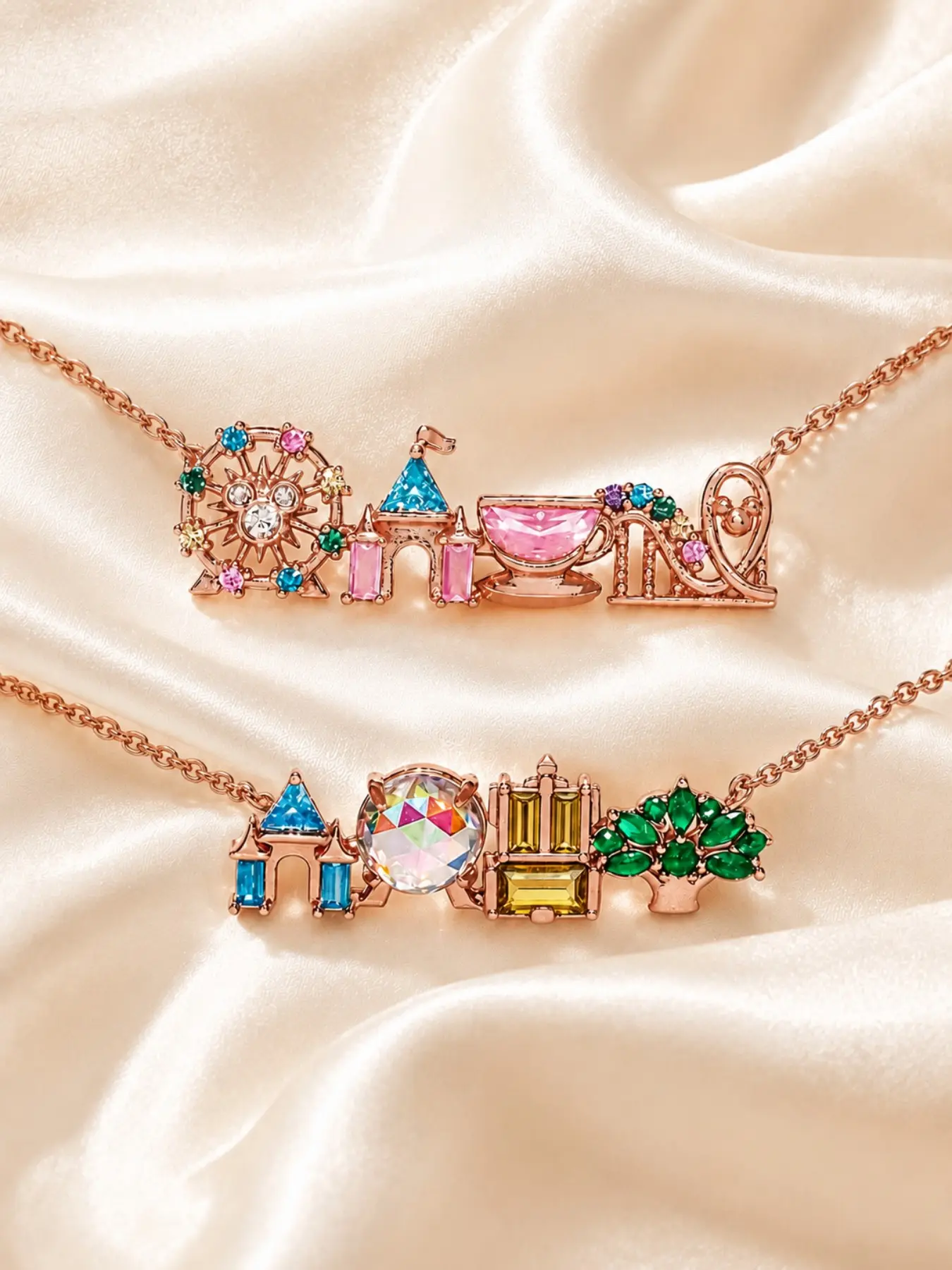 1PC Colorful Amusement Park Pendant Necklace for Women Girls, 2 Styles Available, Fantasy Castle Globe Tree or Ferris Wheel Teacup Roller Coaster, Gold Tone Dopamine Fashion Jewelry for Back to School and Holiday Gift