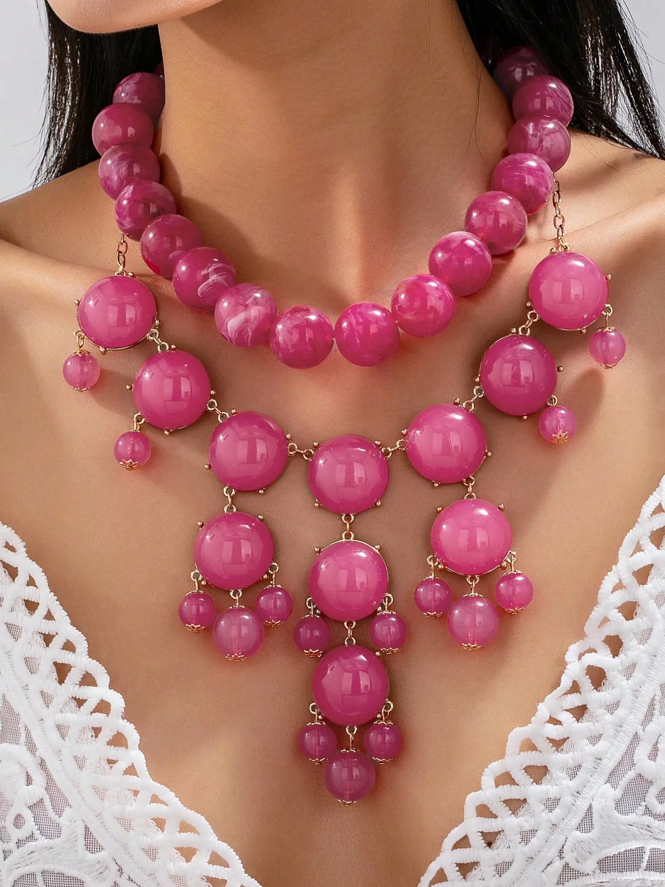 2 Pcs Women's Bold Bright Round Resin Bead Off-Shoulder Necklace, Thick Bubble Pendant, Casual All Seasons Jewelry