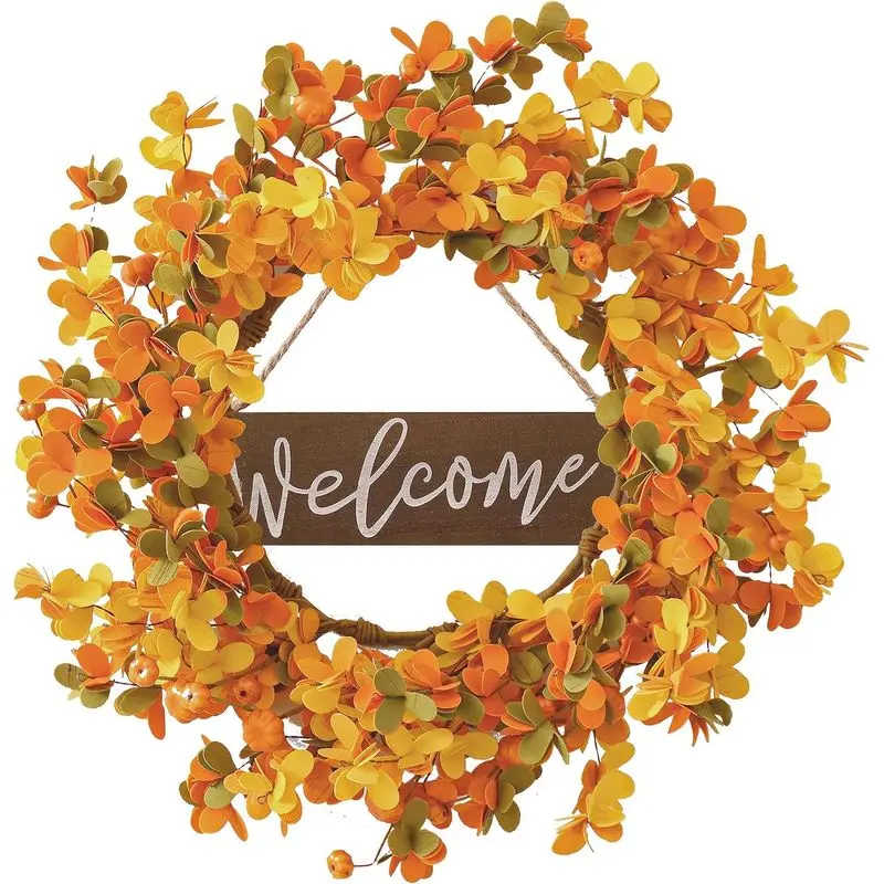Fall Wreaths for Front Door 20 Inch Autumn Wreath Artificial Thanksgiving Wreath with Welcome Wooden Brand and Pumpkins for Indoor & Outdoor Farmhouse Harvest Celebration