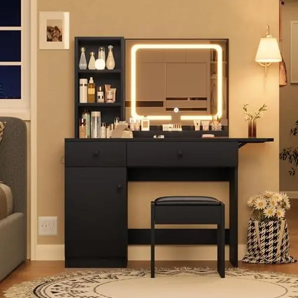 GARVEEVanity Desk with Mirror and LED Light, Makeup Vanity Desk with Drawers and Open Shelf and Storage Cabinet, Vanity Set with Faux Leather Stool in Black