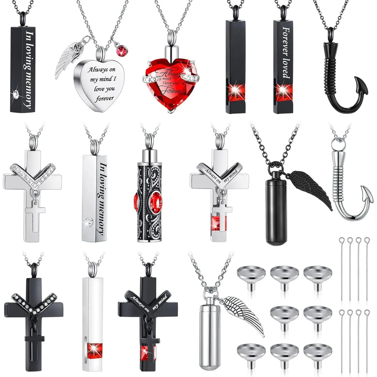 16 Pcs Urn Necklace for Ashes Waterproof Stainless Steel Carved Ashes Locket with 8 Filling Kit Heart Cylinder Cross Cubic Fish Hook Jewelry with Wing Diamond for Men Women, Locket Necklace, Red Diamond, Meaningful Gifts, 16 Pieces, Neighbors, Easy To Cle
