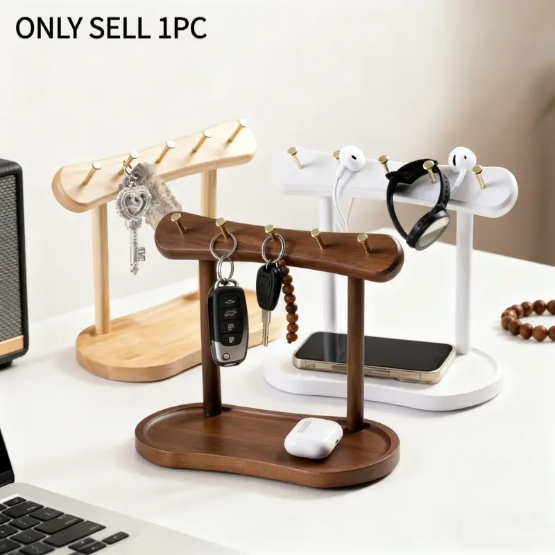 Solid Wood Key Holder with Mildew Resistant Tray, Multi-Purpose Entryway Organizer Rack for Keys Jewelry, Decorative Tabletop Shelf for Foyer Shoe Cabinet Home Decor