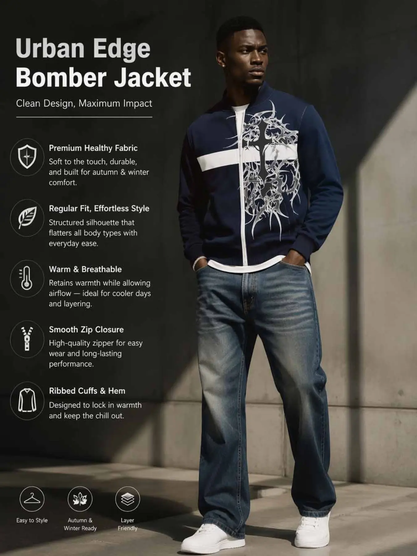 Men's Cross Pattern Full Zip Bomber Jacket, Gothic Thorn Print Baseball Neck Windproof Jacket, Casual Streetwear Fall Winter Outerwear