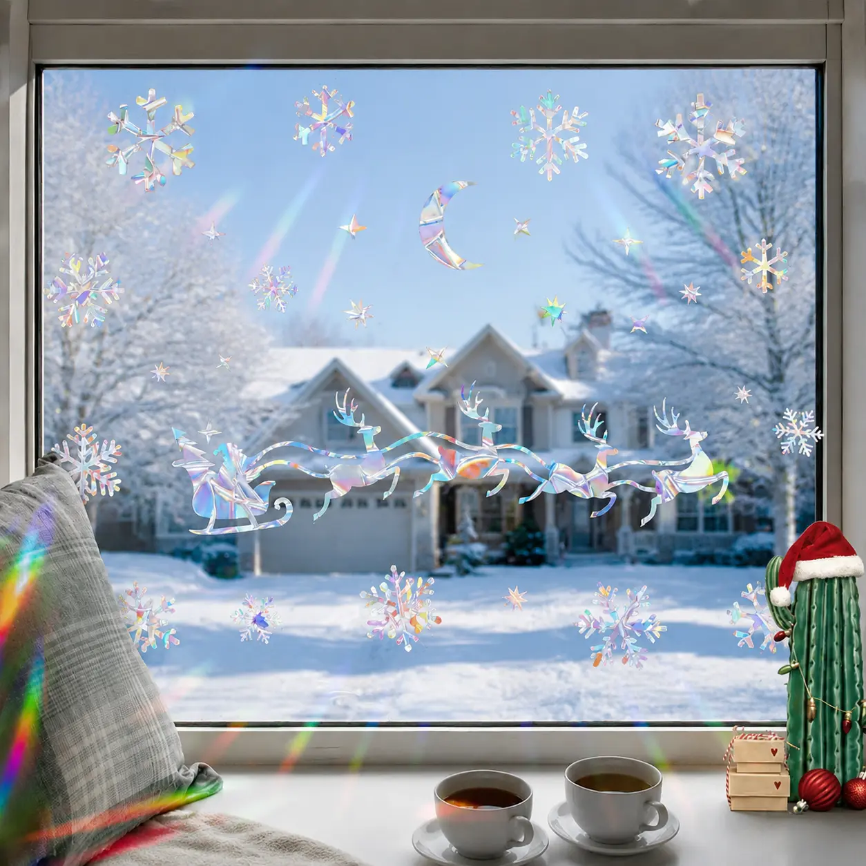 2 Sheets Christmas Static Window Clings, Prismatic Rainbow Holographic Anti-Collision Bird Alert Glass Decals, Santa Reindeer Sleigh Moon Star Snowflake Stickers for Xmas Home, Office and Store Decor