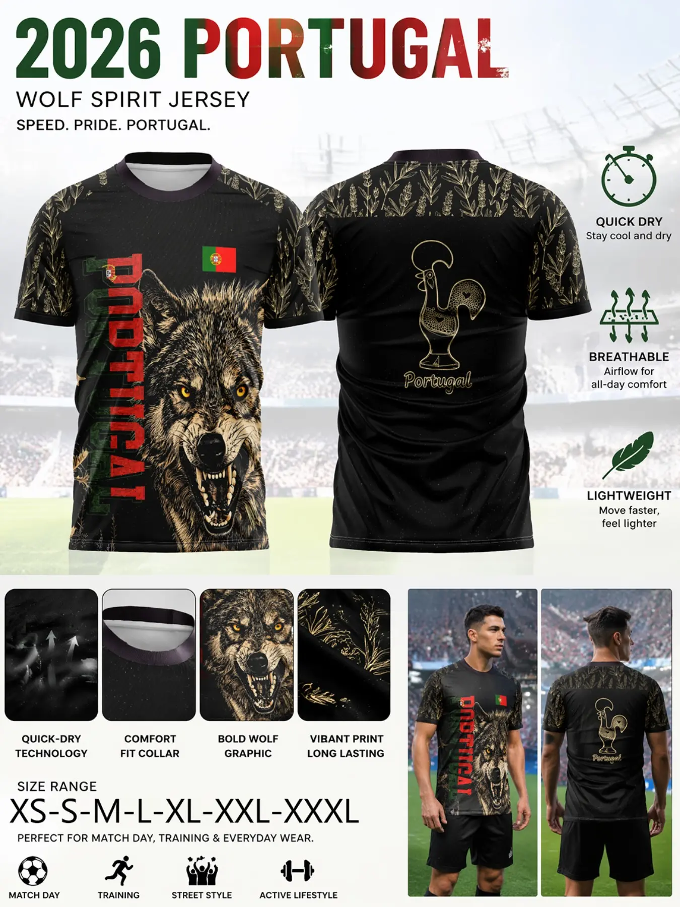 2026 Portugal Fan Football Jersey, Solid Color Mesh Vintage Gold Lavender Flower Print, Quick-Dry Breathable Lightweight Durable Sport Fit