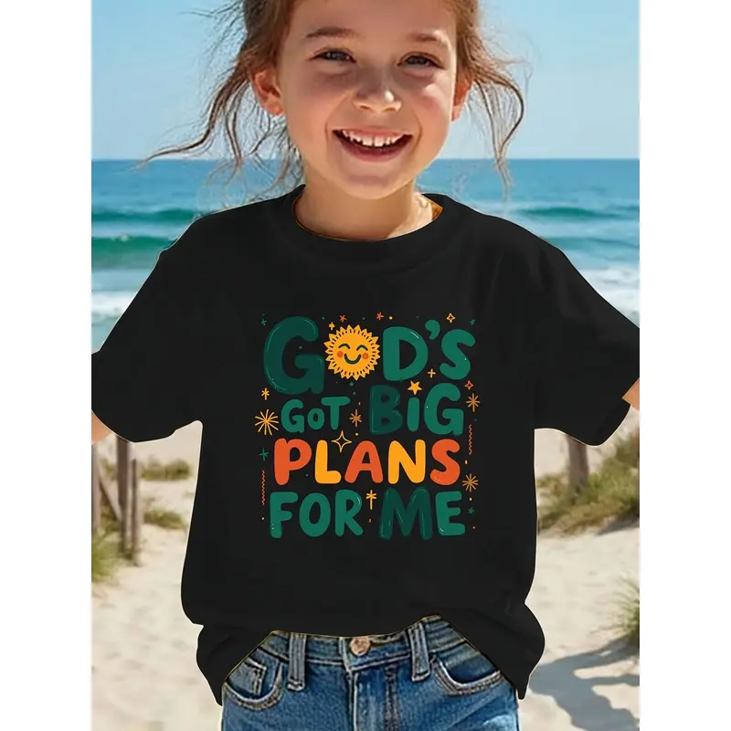 Summer fashion girls' short-sleeve T-shirt with "GOD's GOT BIG PLANS for ME" letter print, casual versatile top