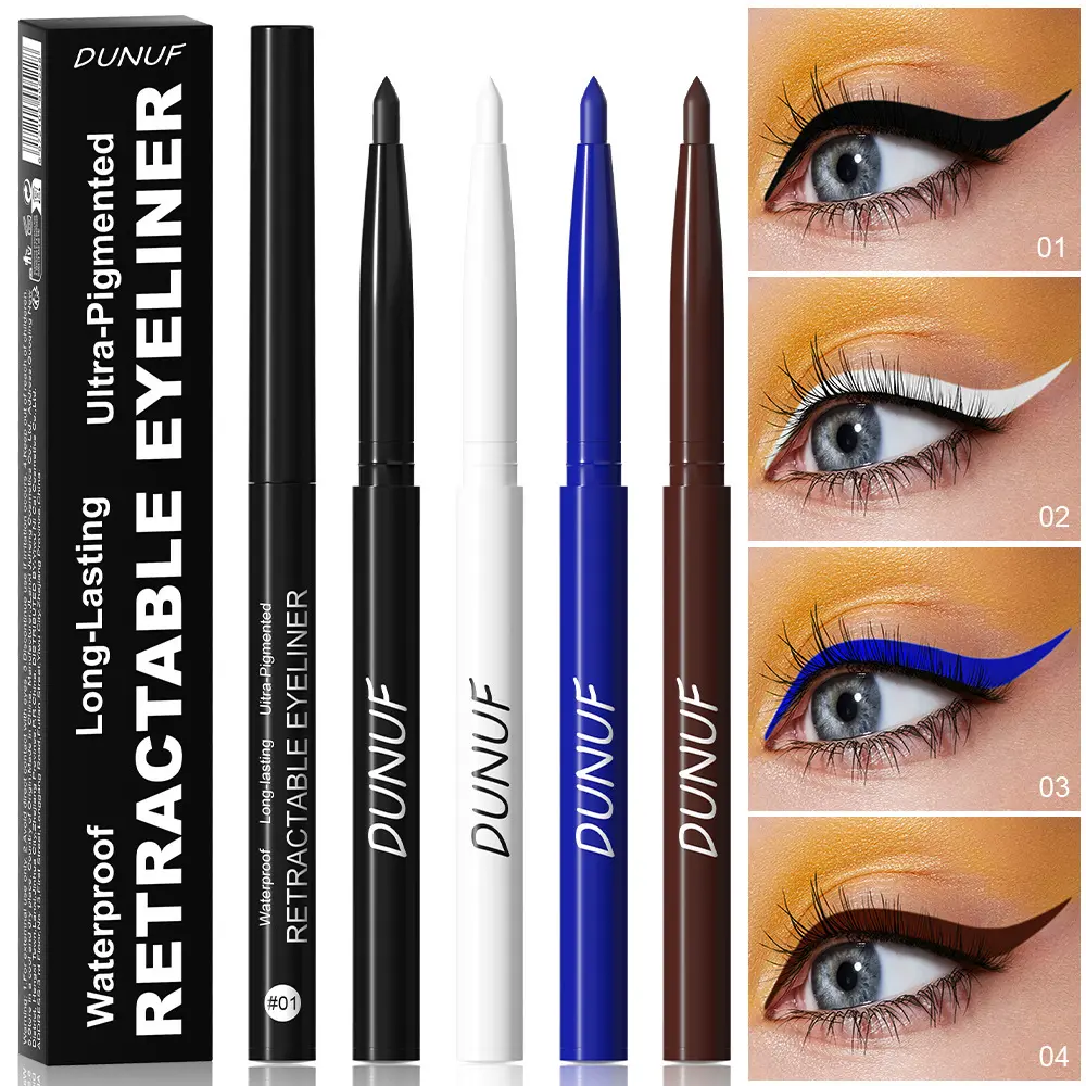 DUNUF retractable Longwear Eyeliner, waterproof and long-lasting with super rich color, smooth application in four shades, perfect for everyday use and parties
