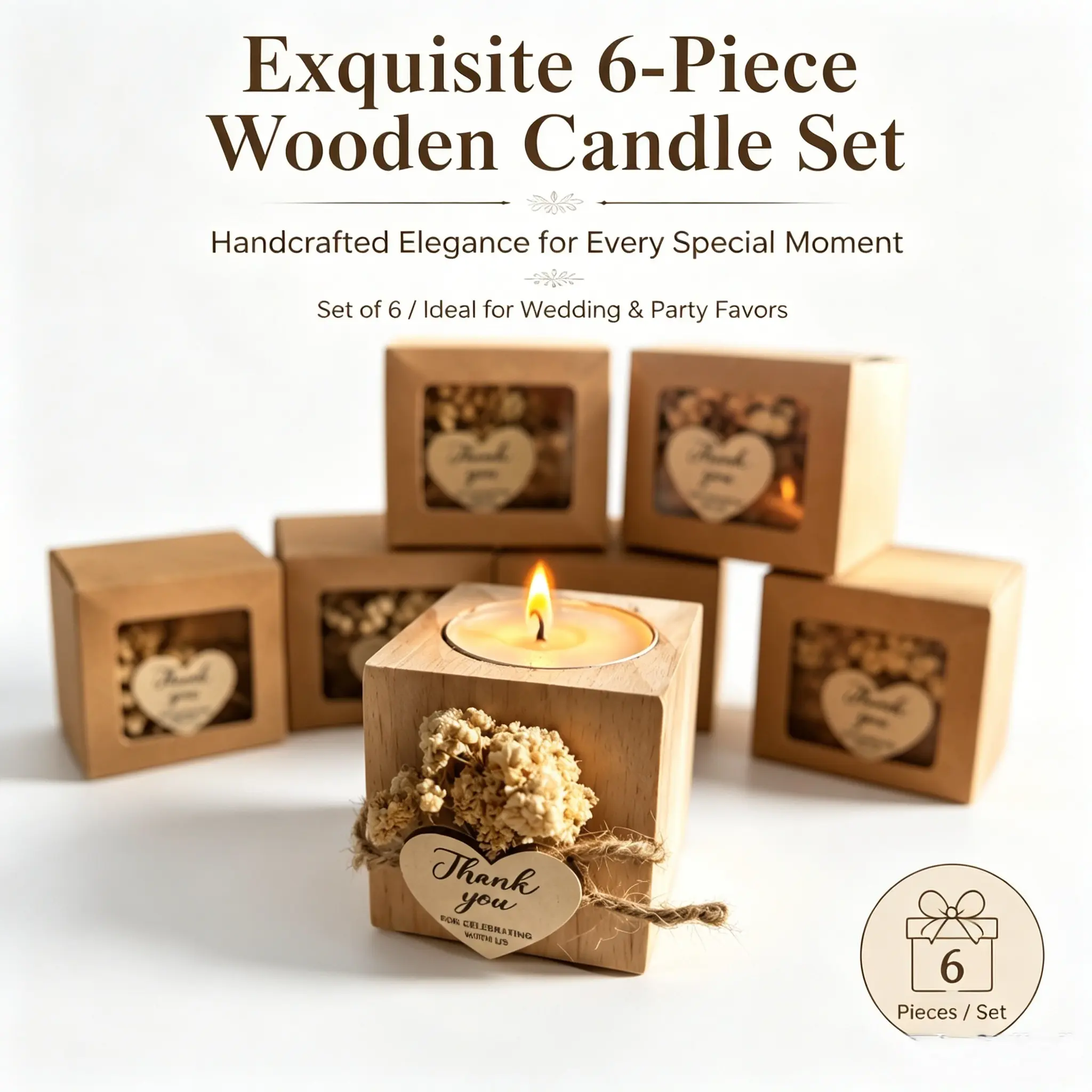 6Pcs Rustic Wooden Tealight Candle Holders Set, Handcrafted Dried Flower Decor Thank You Tag Candle Cups for Wedding Party Guest Favors Home Table Decor