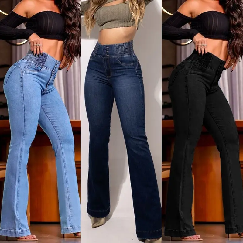 Women's jeans with elastic waistband, high waist, stretchy, slim fit, slightly flared, butt-lifting denim pants