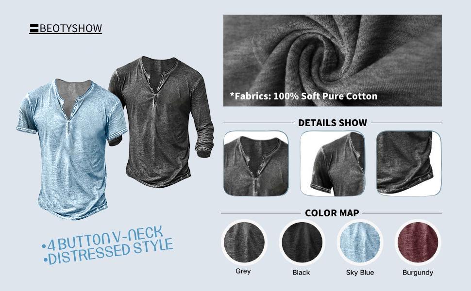 PASLTER Mens Distressed Henley Shirts Short/Long Sleeve Button T-Shirt Slim Fit Cotton Casual Shirt Menswear Top