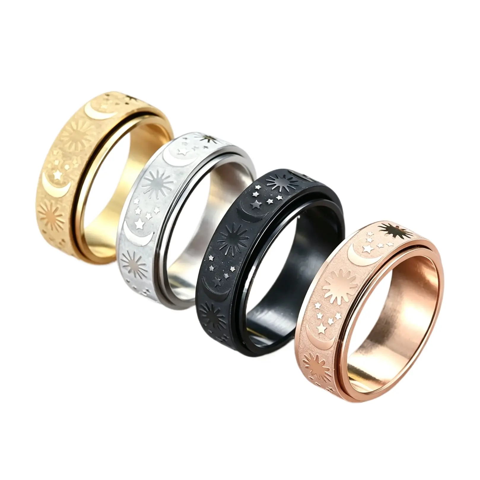 Celestial Symbol Balance Artificial Gemstone Ring Set, Star Moon Sun Design, Rotatable Multi‑Size Statement Rings For Daily Wear And Stress Relief