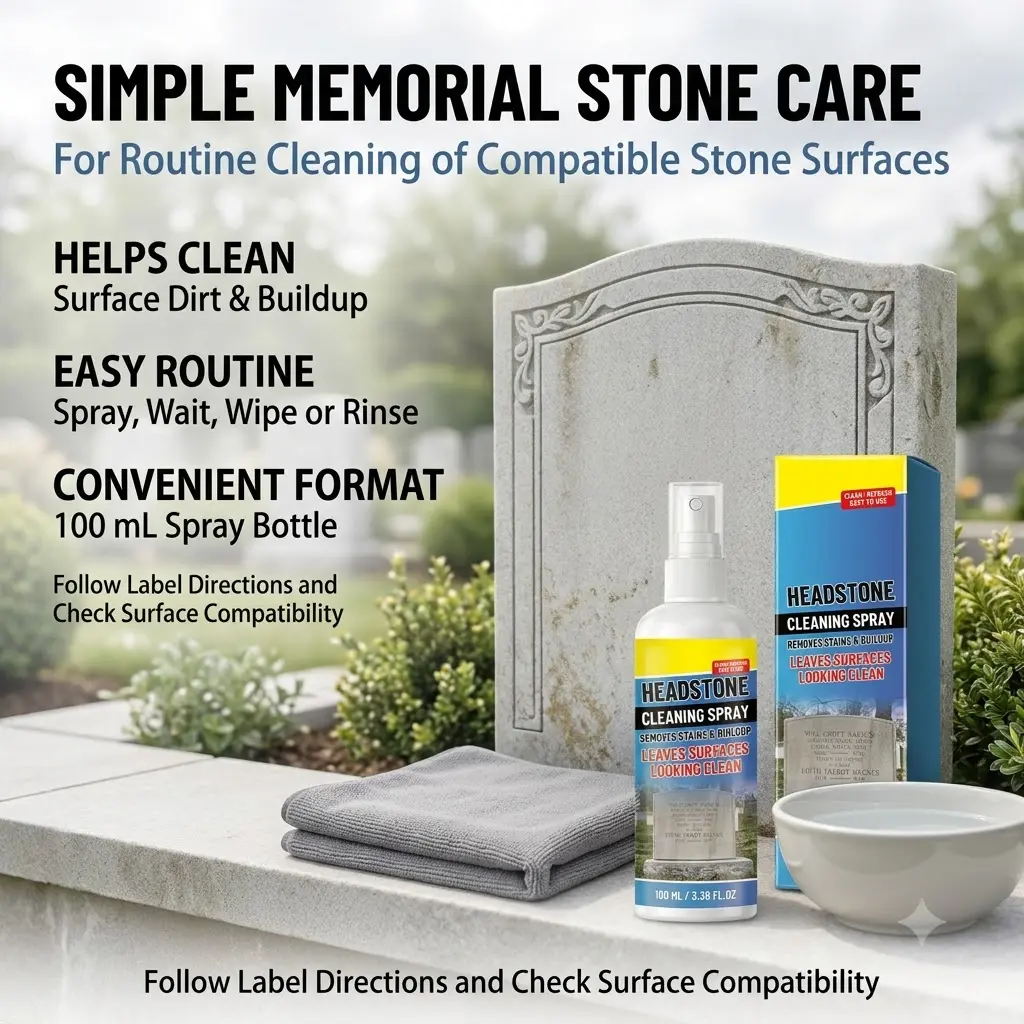Headstone Cleaner Spray, Gentle Stone Surface Cleaner for Tombstones, Grave Markers, Memorial Stones, Granite, Marble, Cemetery Stones, Surface Stains, Dirt, Grime, Weathering Marks, Shine Care, Surface Renewal Care and Memorial Stone Maintenance Use