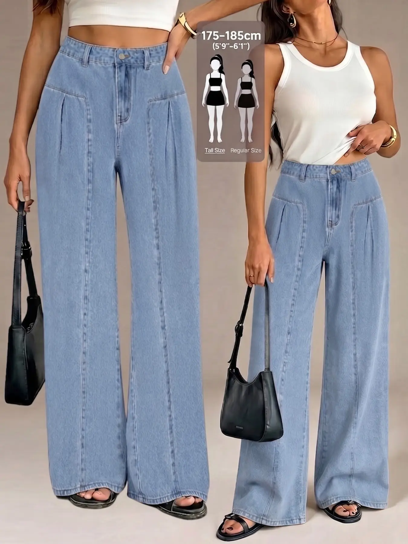 Women High Waist Pleated Wide Leg Jeans, Light Wash Seam Detail, Loose Straight Denim Trousers, Casual Streetwear Pants