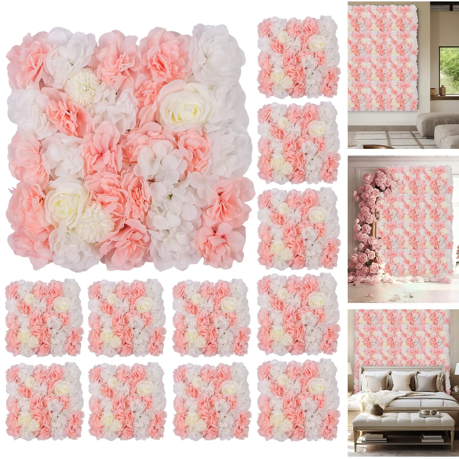 12-Pack Artificial Silk Rose Flower Wall Panels 15x15 Inch, Floral Backdrop for Wedding Party Event Decor – Pink/Champagne/White
