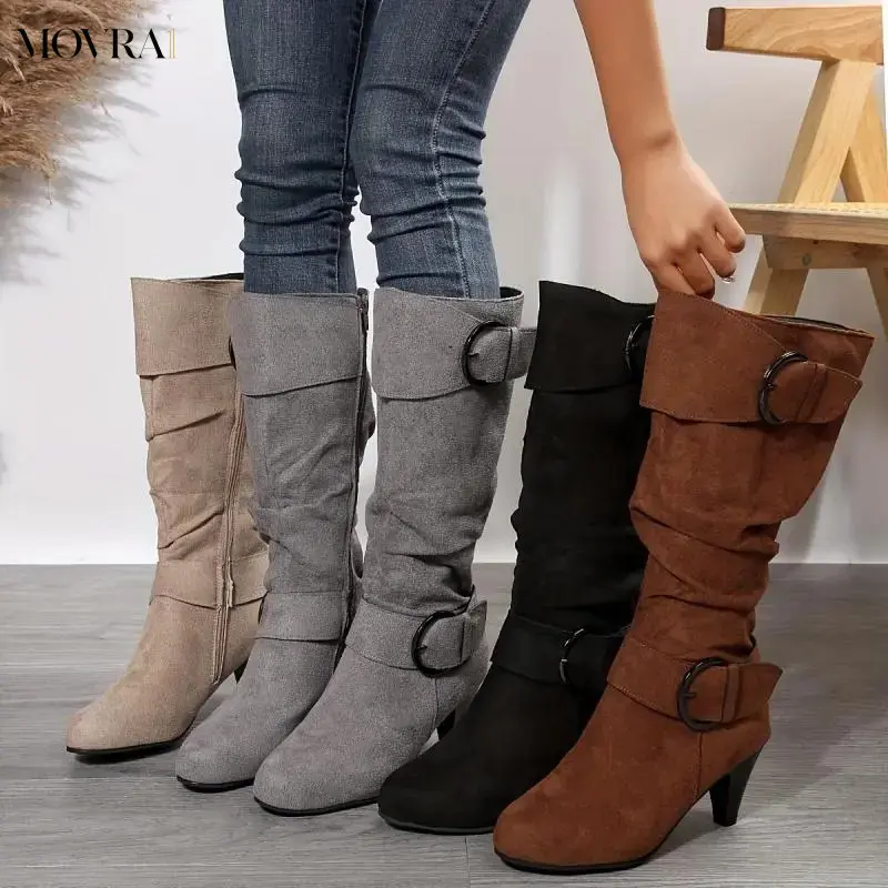 MOVRA1 Women's Slouch Knee Boots, Strap Side Zipper Heeled Boots, Comfortable Suedette Long Boots