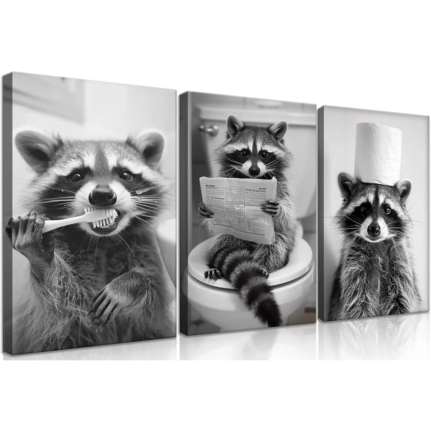 3Pcs Adorable Raccoon Bathroom Wall Art Black and White Animal Posters Prints Funny Raccoon on Toilet Reading Newspaper Canvas Painting Humor Animal Brushing Wall Decor for Toilet Pictures Framed