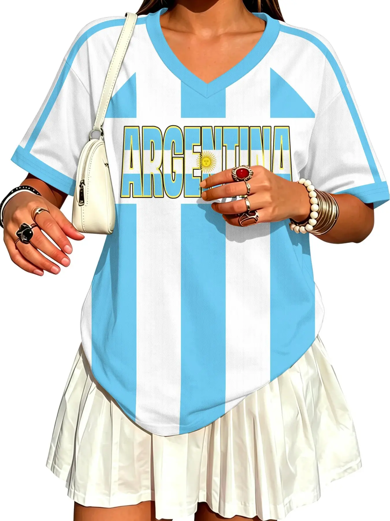 Women's Y2K Style Soccer Jersey, Football Athletic Shirt, V Neck Loose-Fit All-Over Print, Mesh Short Sleeve Tee, Multiple Countries Available