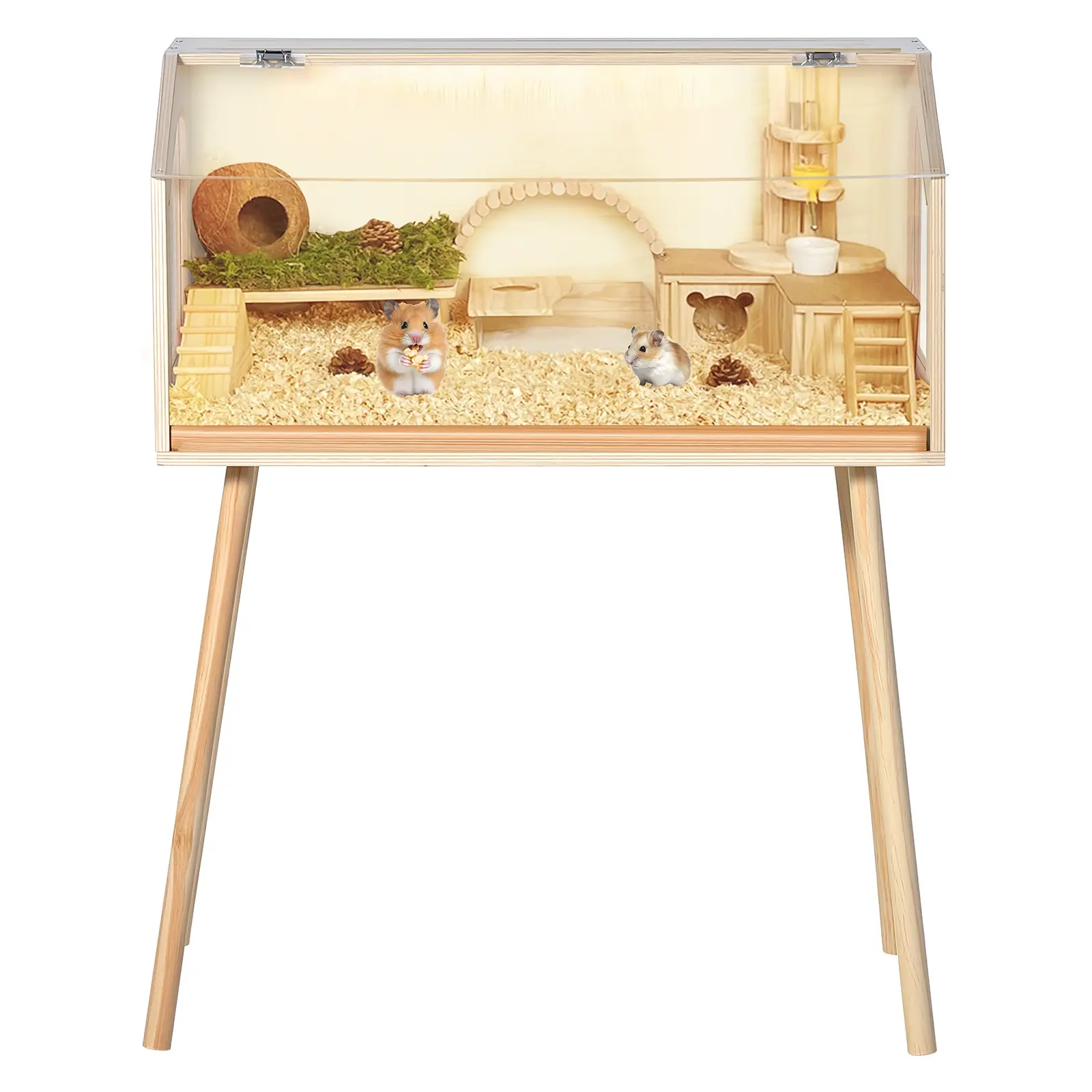 Chew-Proof Wooden Hamster Cage with Acrylic Panels & Open Top – Elevated, Ventilated – for Dwarf Hamsters, Gerbils, Mice & Rats