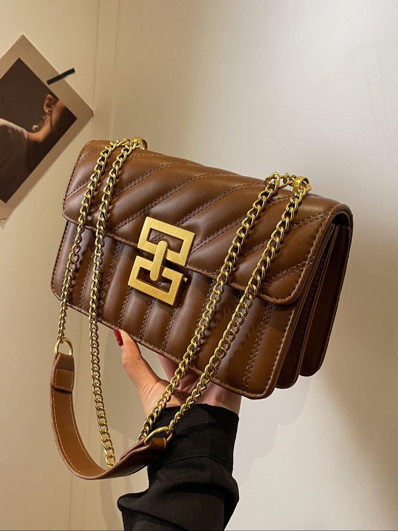 Women's Chain Strap Pu Leather Crossbody Bag, Simple All-match Solid Color Bag with Buckle Design, Trendy Shoulder Bag for Daily Used, Fashionable Crossbody Bag, Leather Crossbody Purses, Casual Shoulder Bag