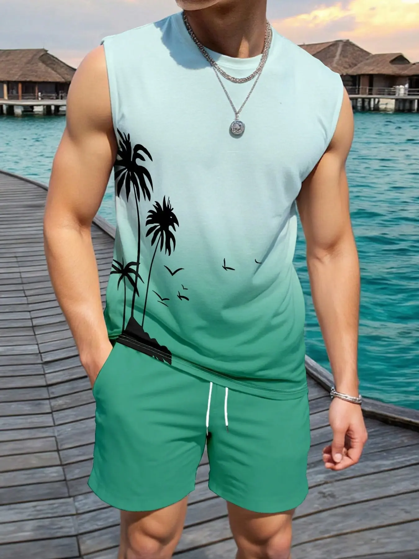 Men's summer sleeveless two-piece set, coconut print tropical casual set, beach vacation outfit, trendy sports men's clothing