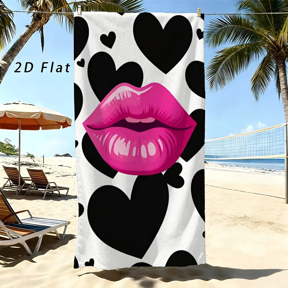 Pink Lips Black Hearts Print Beach Towel, Soft Absorbent Fun Romantic Towel, Bold Lips Heart Pattern, Perfect for Beach Trips, Pool Days, Summer Vacations, or As A Gift for Trendy Romantic Souls, Durable Lightweight, Adds A Sassy