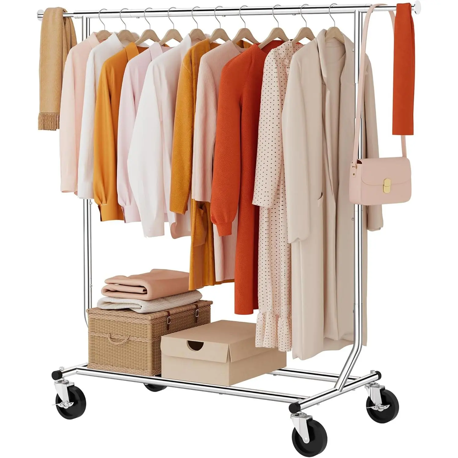 Heavy Duty Foldable Clothes Rack, Collapsible Garment Rack with Wheels and Extendable Rod, Max Capacity 250lbs, Industrial Rolling Clothing Rack with Bottom Shelf, Chrome
