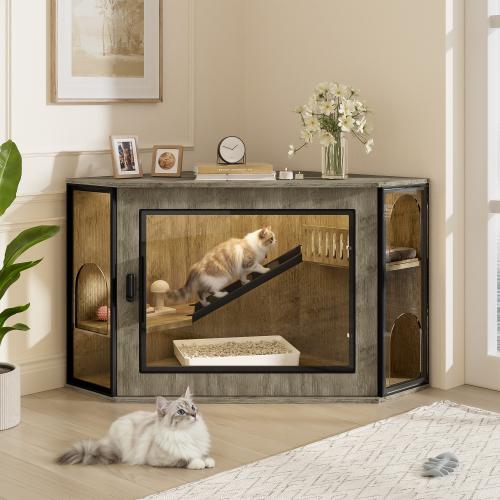 [Bellemave]48" Corner Cat Litter Box Enclosure, Modern Hidden Litter Box Corner Cabinet with Acrylic Door and LED Light, Cat House with Playground and Stairs, Tiger