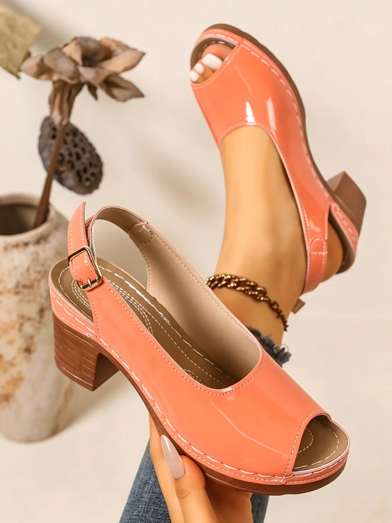 Women's Glossy Patent Leather Peep Toe Adjustable Buckle Slingback Sandals, Imitation Wood Grain Block Heel, Match Jeans, Maxi Skirts And Dresses, Vintage Casual Back Strap Heels For Summer