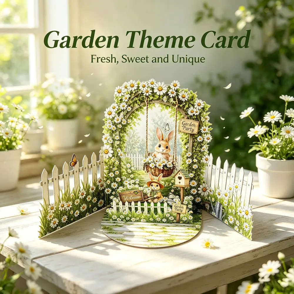 3D Garden Rabbit Card with Envelope, Daisy Arch Fence Birthday Card, Cute Bunny Swing Floral Thank You Card, Mother's Day Gift