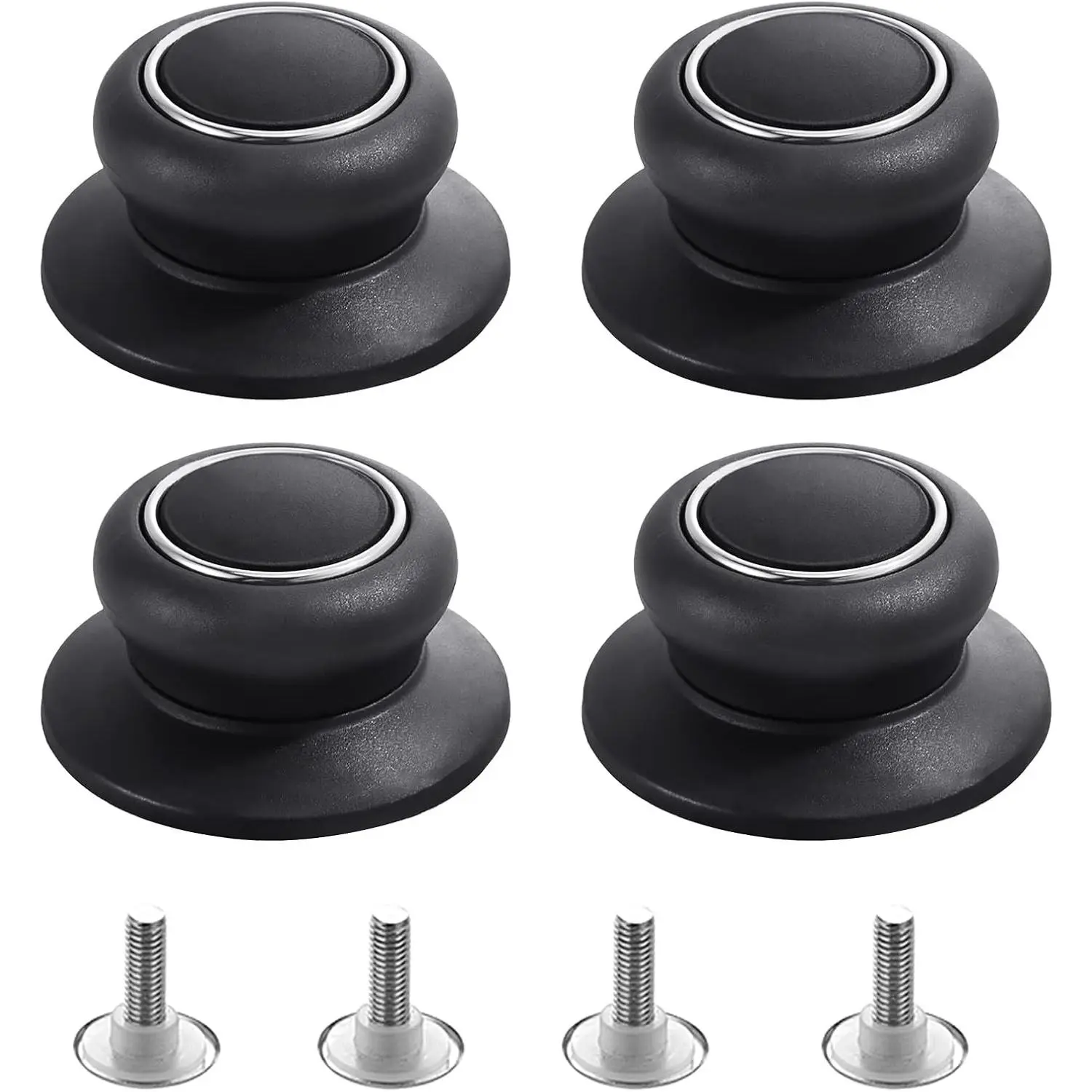4Pcs Stainless Metal & Silicone Universal Pot Lid Top Replacement Knobs, Heat-Resistant, Anti-Static, Easy-Install Cookware Parts for Kitchen Pan Lids (Black), Four Pieces