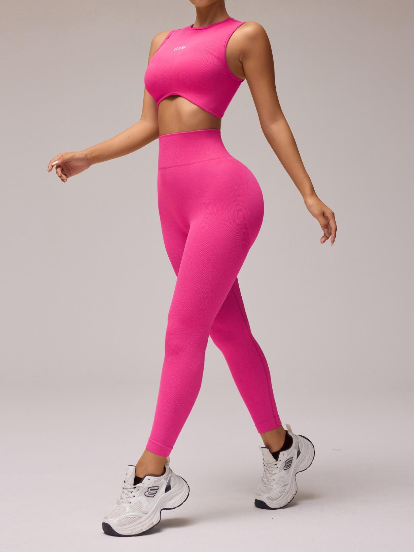 Two-piece Women's Letter Pattern Crop Tank Top & High Waist Leggings Set, Casual Comfy Breathable Seamless Skinny Sportswear for Yoga Gym Workout Running, Ladies Sportswear for All Seasons