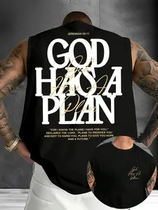 Men's "God Has A Plan" Jeremiah 29:11 Print Sleeveless Tank Top, Religious Christian Faith Casual Streetwear Muscle Vest