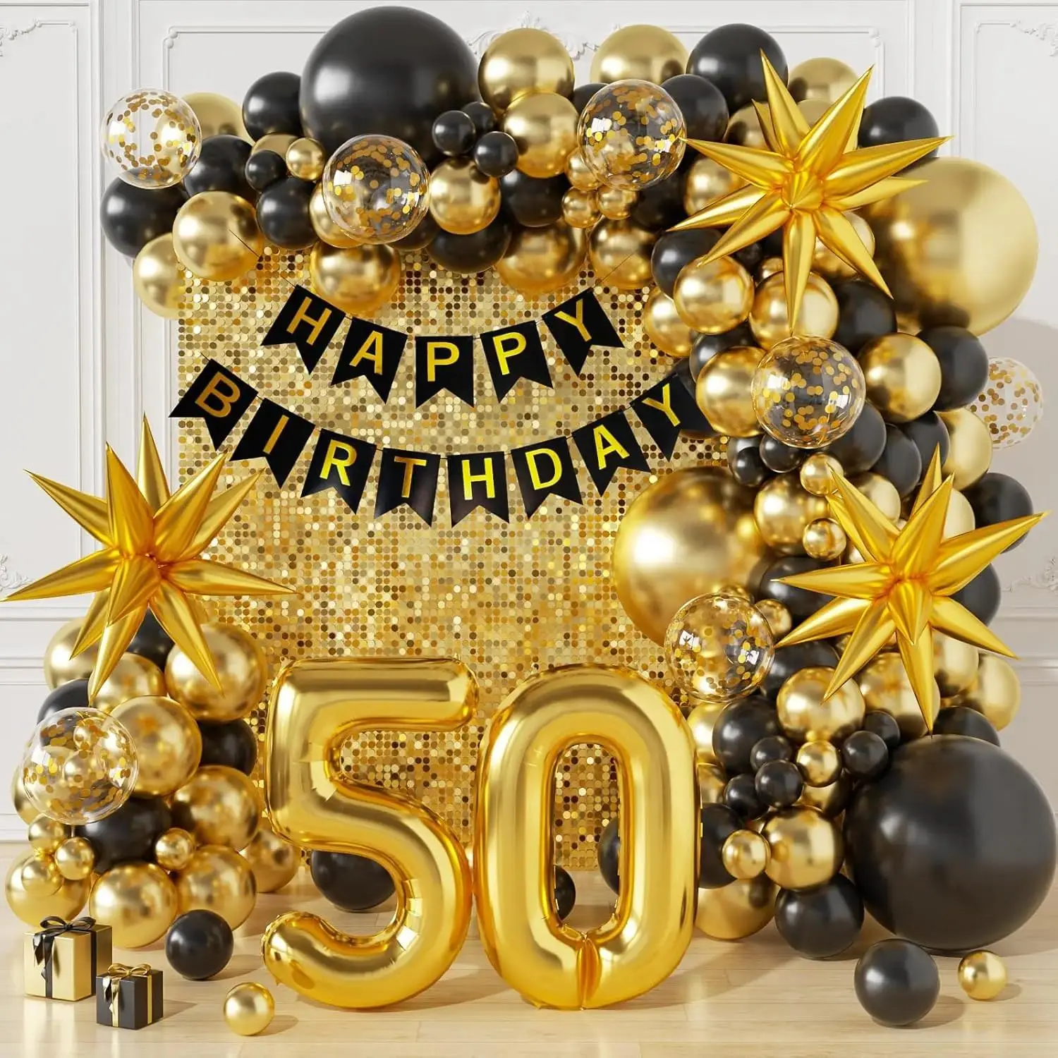 50th Birthday Decorations for Men and Women, Happy 60th Birthday Banner Balloons Arch Kit, Black and Gold 40 Balloon Numbers