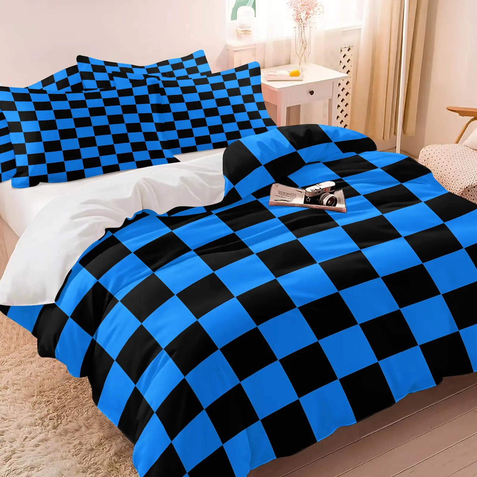 3PCS Black Bright Blue Checkerboard Duvet Cover Set (1 Duvet Cover + 1-2 Pillowcases), Classic Grid Check HD Digital Print, Soft Cozy Skin-Friendly All Seasons Bedding, Perfect for Y2K Trend Teen Bedroom Decor Checkered Bedding Set