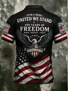 Men's Vintage American Flag Eagle Print Short Sleeve Polo Shirt, Breathable Loose Fit, Casual Summer Fashion, Multiple Colors Available