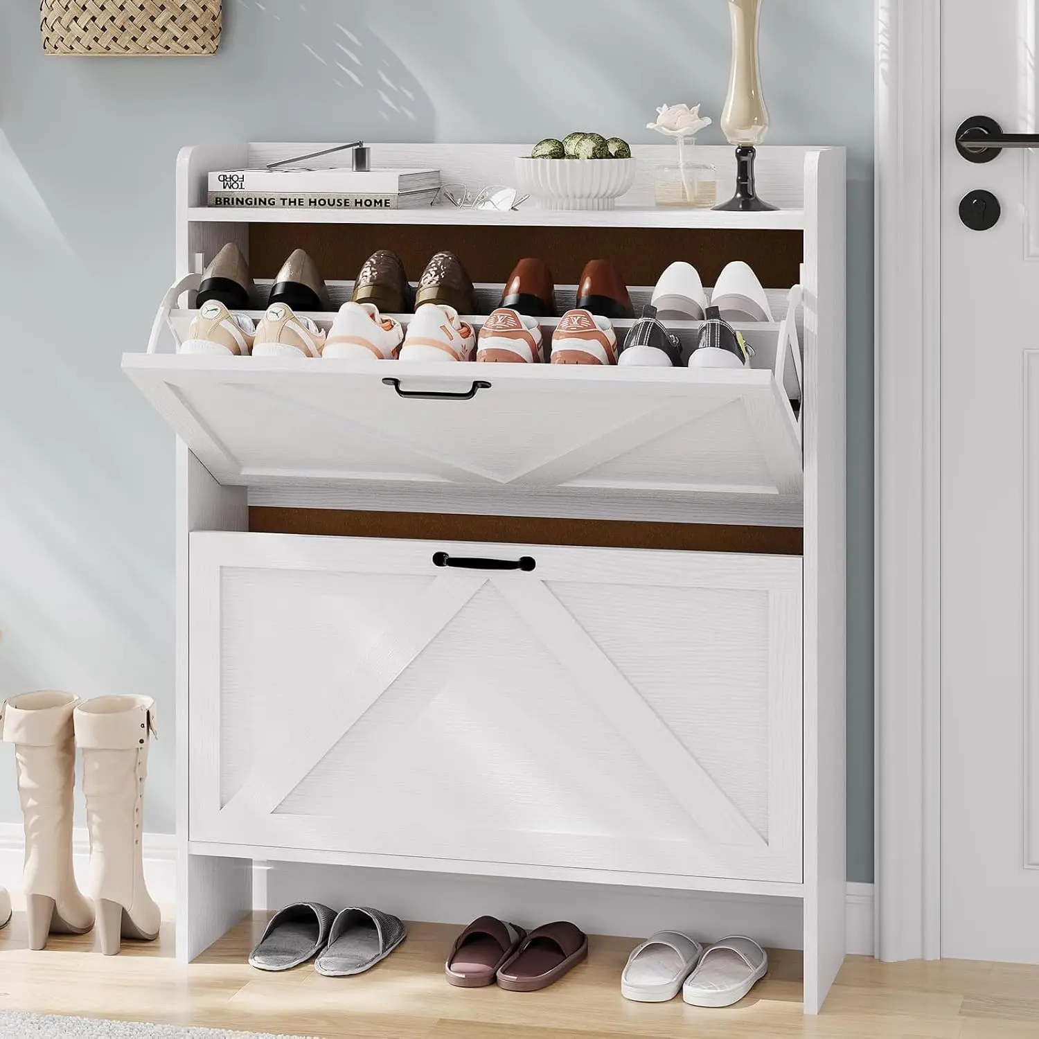 Shoe Storage Cabinet with 2 Flip Drawers for Entryway, Slim Freestanding Shoe Organizer, Farmhouse Hidden Narrow Shoe Rack Cabinet for Entryway, Hallway, White
