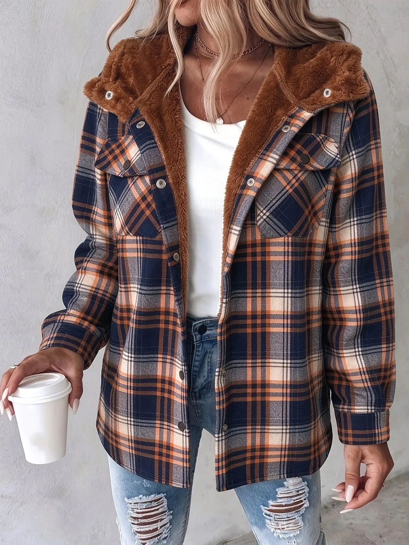 Women's Houndstooth Plaid Jacket, Warm Fleece Hooded Long Sleeve Shirt Jacket, Comfortable Casual Fall Winter Streetwear