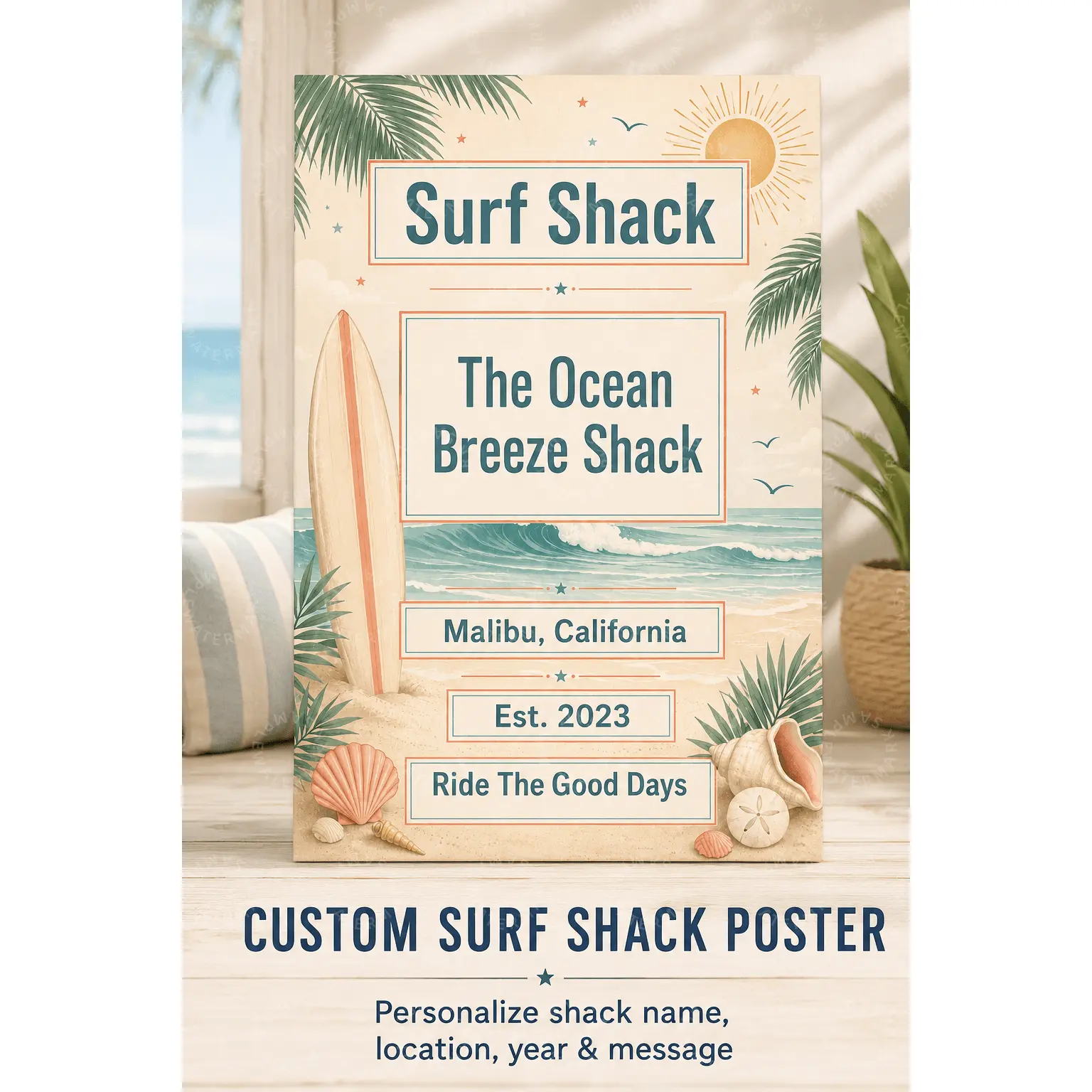 Custom Surf Shack Poster, Personalized Beach House Wall Art, Ocean Wave Surfboard Decor, Coastal Aesthetic Poster, Bedroom Living Room Office Wall Decor, Summer Vacation Home Gift