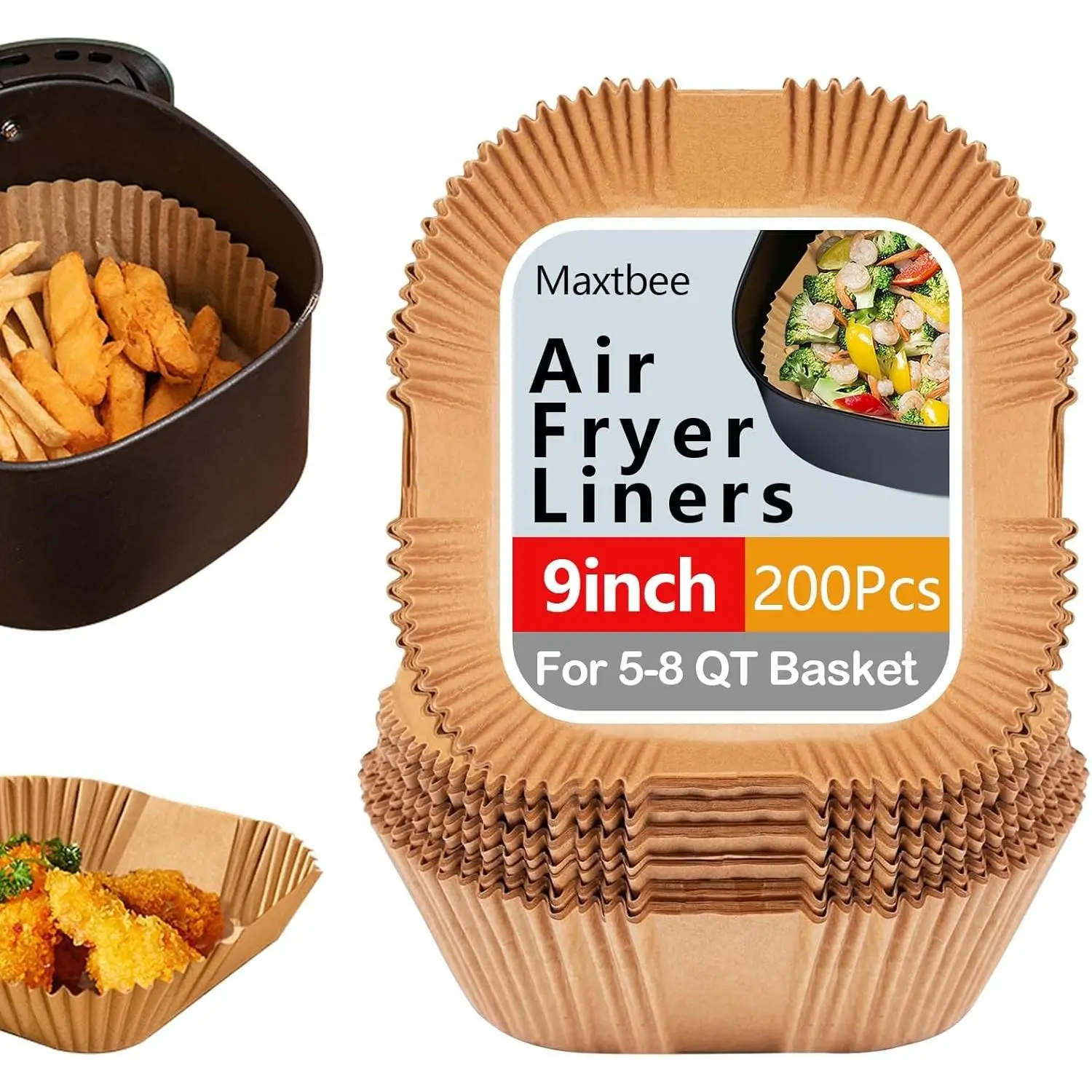 9 Inch 200PCS Disposable Air Fryer Paper Liner Non-Stick Oil-Proof High-Temperature Resistant Square Baking Parchment Paper for Air Fryer Microwave Oven, 8 Inch Bottom