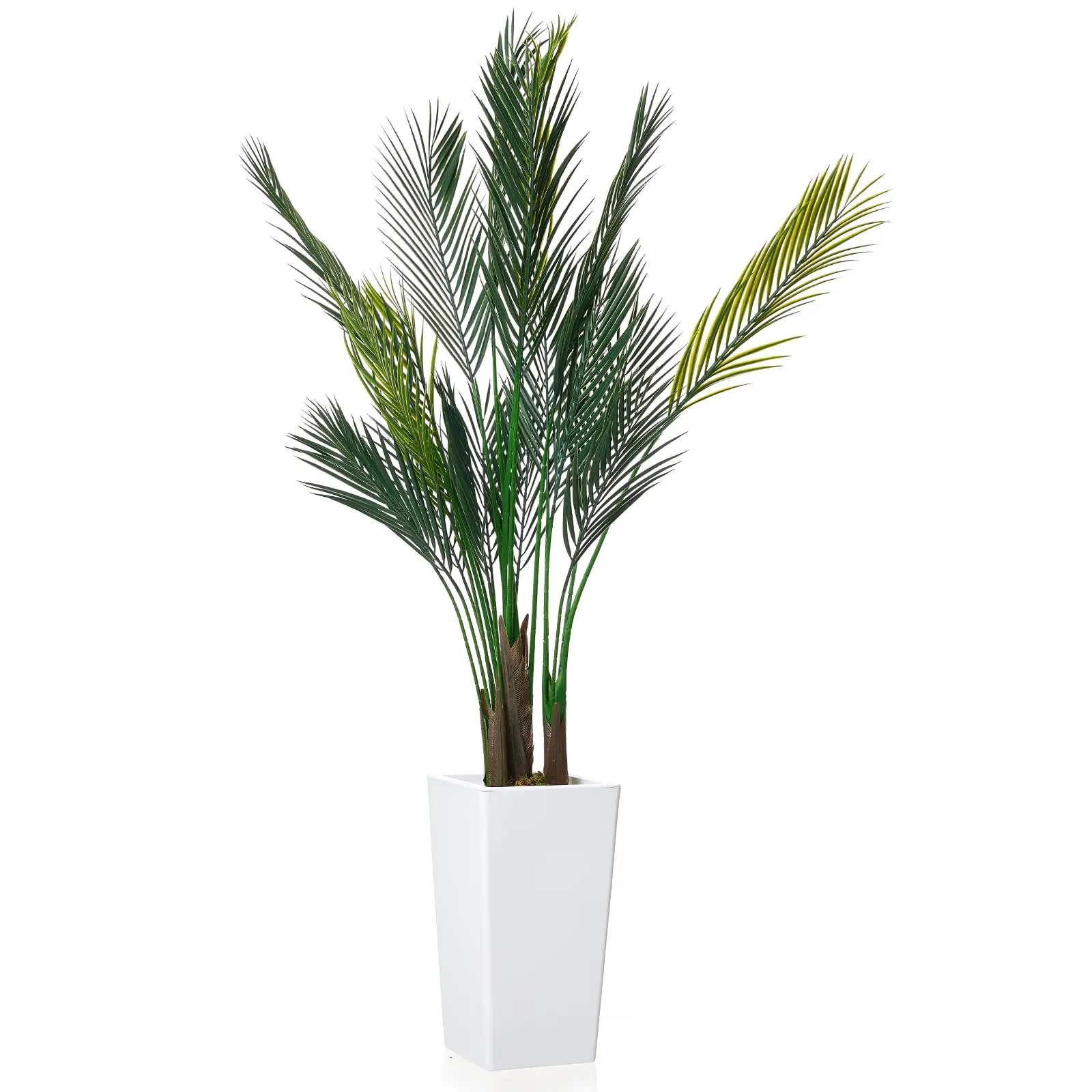 Synthetic Areca Palm Tree with White Planter - Tall Height Single Plant with Leaf Fronds, Indoor/Outdoor Tropical Home Decor for Living Spaces