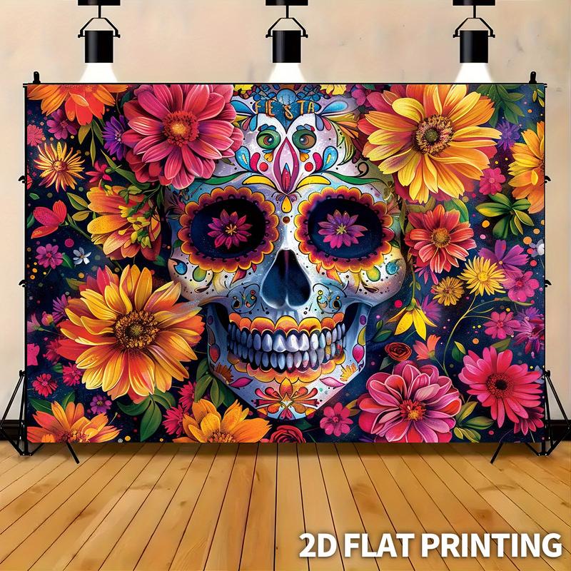1pc Large Sugar Skull Floral Party Banner - Vibrant Mexican Day of the Dead Decoration with Floral Patterns, Extra Long Backdrop for Halloween, Dia de los Muertos, Wedding, Birthday, Home Decor - Easy Hang No Electricity Needed - Durable Polyester Fabric,