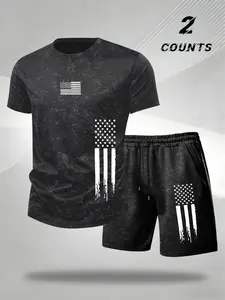 Men's Vintage Cross Bible Print Short Sleeve Set, American Religious Retro Loose Fit Breathable Casual Sports, Two-Piece Ensemble