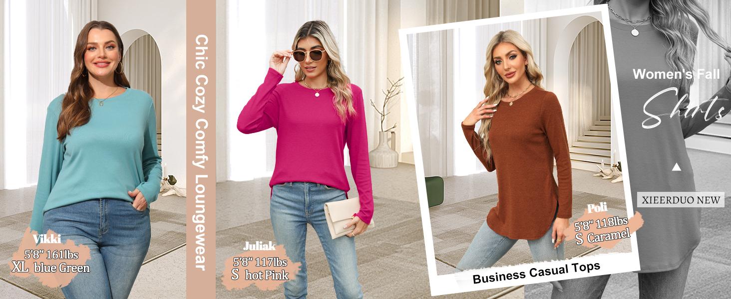 Wiholl Womens Long Sleeve Round Neck Shirts Side Split Basic Loose Tunic Tops Casual 2025 Crewneck Womenswear SpringStatements